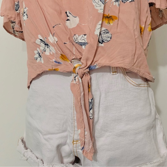 Mudd Pink Floral Crop Top Criss Cross V Neck Tie Front Cropped Short Sleeve LG - Picture 5 of 10